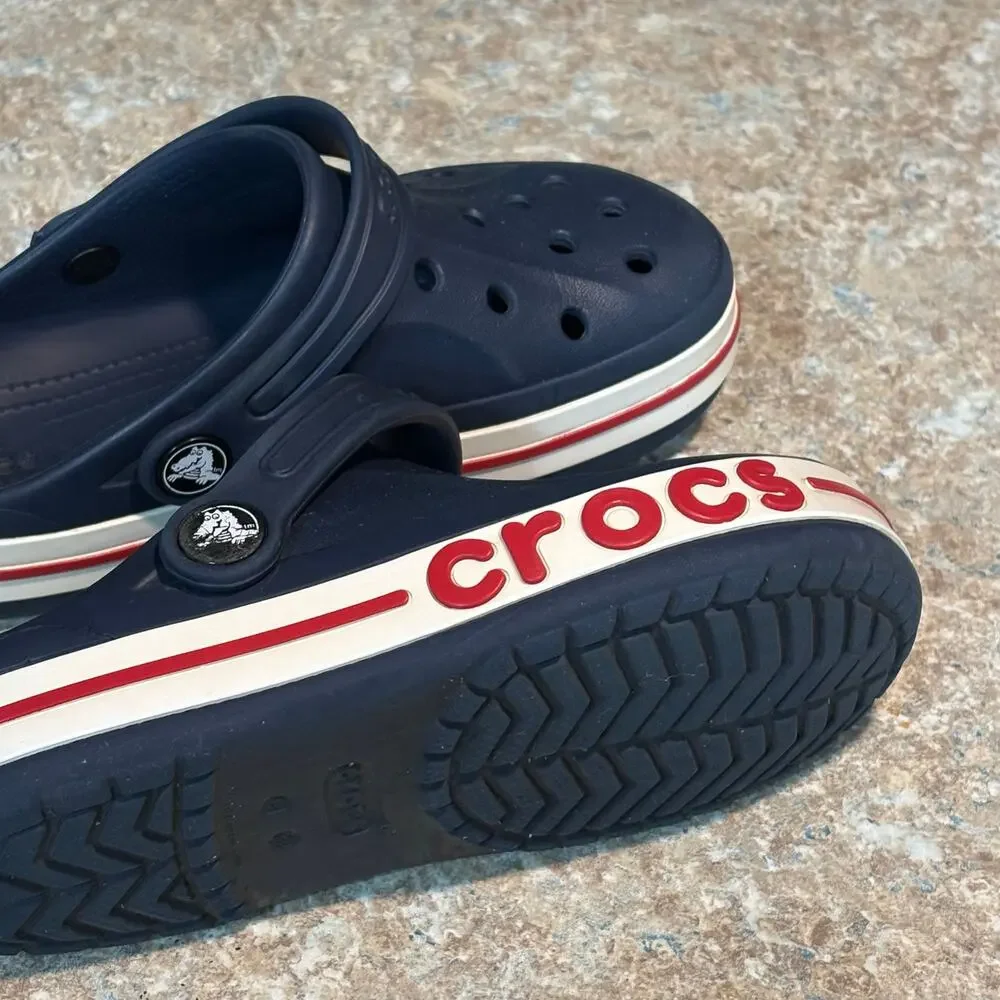 Crocs Navy Blue Banded Platform Red White Slip on Clog Shoes Size 13 Children's